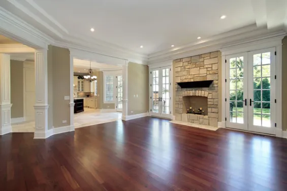 Hardwood floor near fireplace